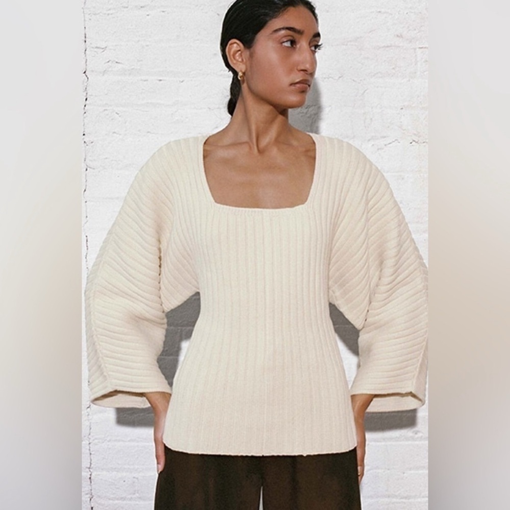 Mara Hoffman - Jocelyn Knit Sweater Cream Crew Neck Sweater with Ribbed Texture